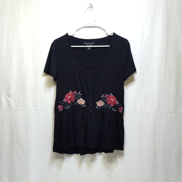 American Eagle Soft & Sexy Embroidered Floral Knit Top Medium Button Front Flowy - Picture 1 of 6